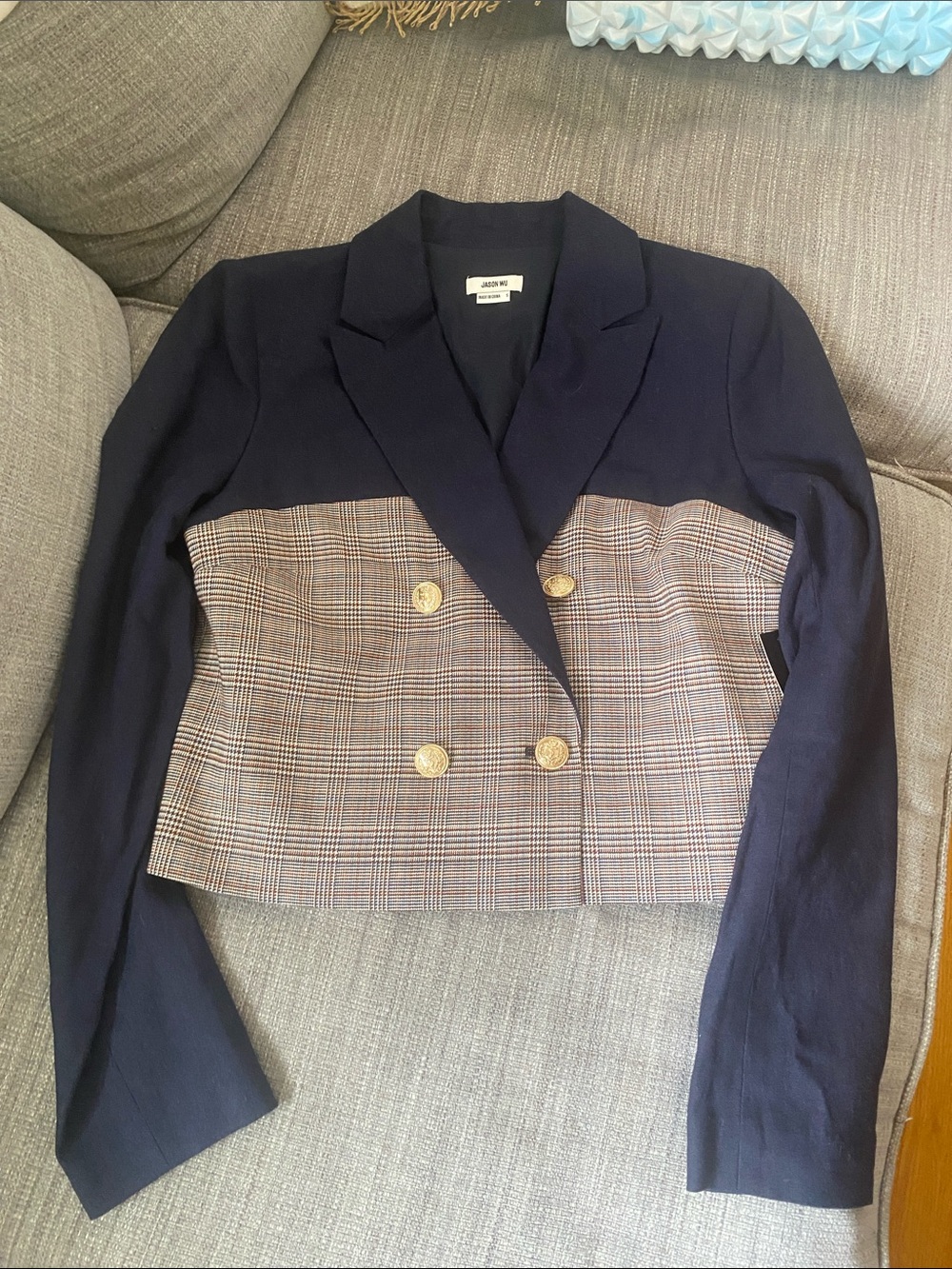 Jason Wu Navy and Brown Plaid Cropped Double-Breasted Blazer